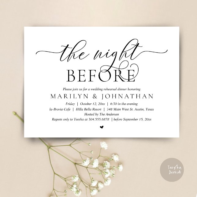 Invitation La veille, Dîner De Répétition Mariage Parfait (The Night Before, Perfect Wedding Rehearsal Dinner Modern Classy Invitation Card, PDF, Black White)