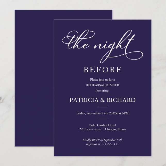 Invitation La veille du dîner de répétition Navy Blue (Devant / Derrière)