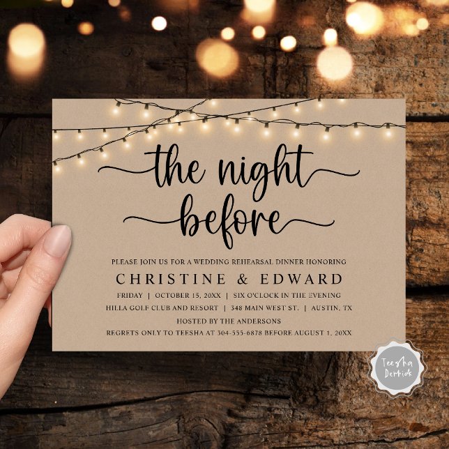 Invitation La veille, Répétition Mariage, Kraft Brown (The Night Before, Wedding Rehearsal, Brown Kraft Invitation Card, with rustic cottage String Lights)