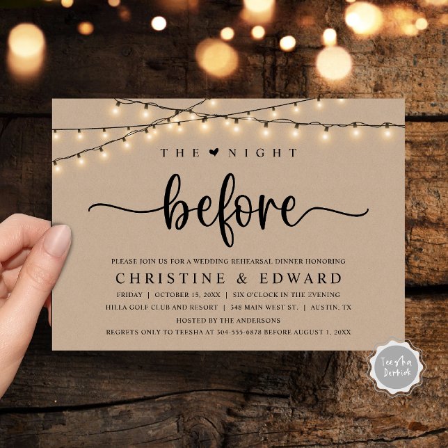 Invitation La veille, Répétition Mariage, Kraft Brown (The Night Before, Wedding Rehearsal, Brown Kraft Invitation Card, with rustic cottage String Lights.)