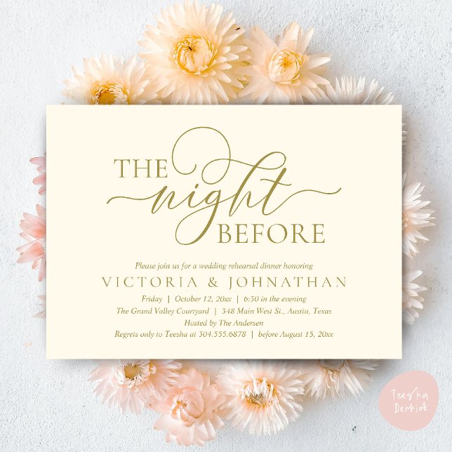 Invitation La veille, Soirée de répétition Mariage (The Night Before, Wedding Rehearsal Dinner Party Classy Romantic Invitation Card PDF Yellow Gold)