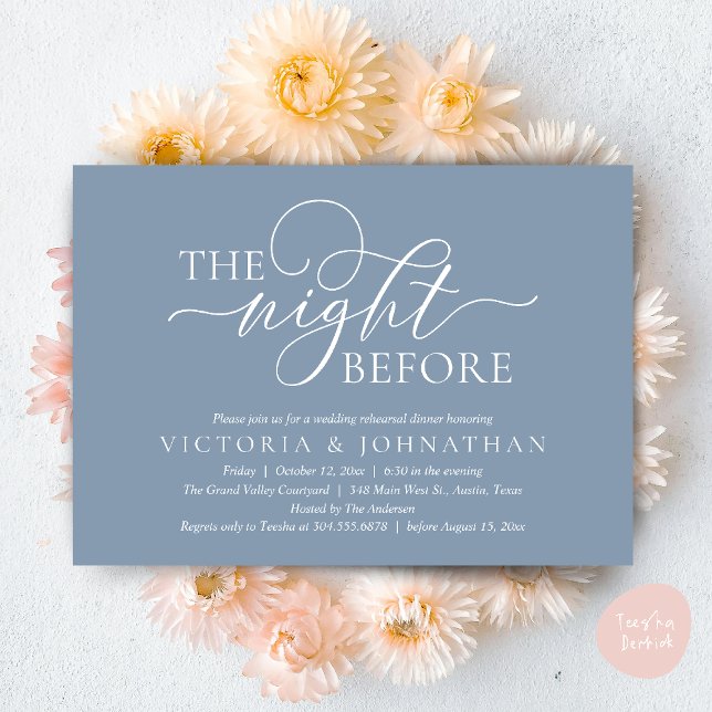Invitation La veille, Soirée de répétition Mariage (The Night Before, Wedding Rehearsal Dinner Party Classy Romantic Invitation Card PDF Dusty Blue)
