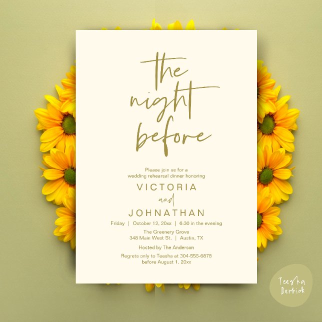 Invitation La veille, Soirée de répétition Mariage (The Night Before, Wedding Rehearsal Dinner Party Invites Card PDF Romantic Modern Casual Yellow Gold)