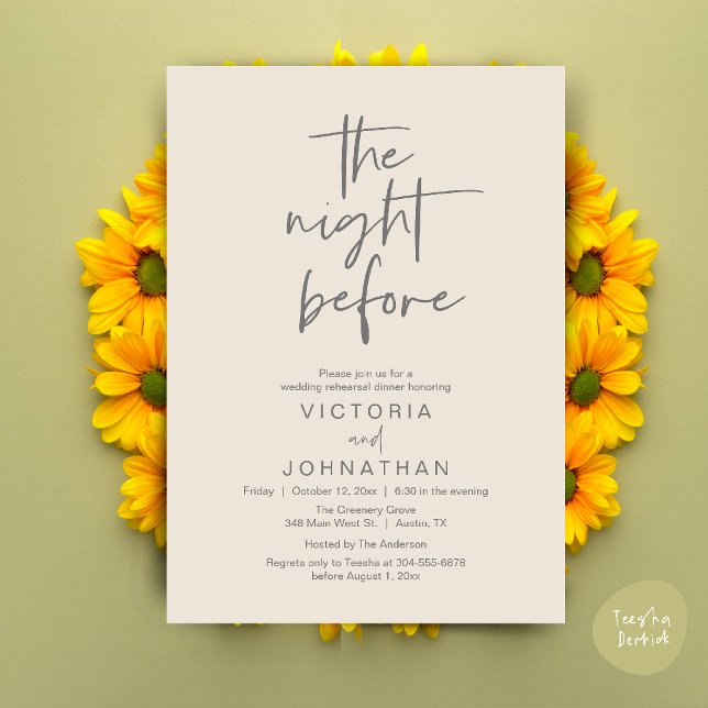 Invitation La veille, Soirée de répétition Mariage (The Night Before, Wedding Rehearsal Dinner Party Invites Card PDF Romantic Modern Casual Cream Grey)