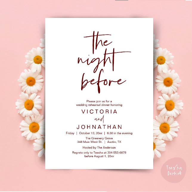 Invitation La veille, Soirée de répétition Mariage (The Night Before, Wedding Rehearsal Dinner Party Invites Card PDF Romantic Modern Casual Burgundy)