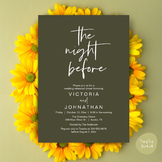 Invitation La veille, Soirée de répétition Mariage (The Night Before, Wedding Rehearsal Dinner Party Invites Card PDF Romantic Modern Casual Olive Green)