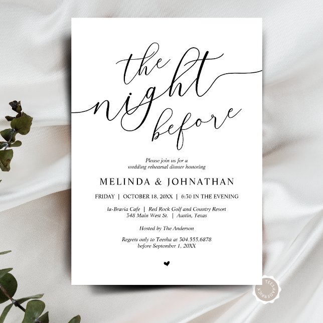 Invitation La veille, Soirée de répétition Mariage (The Night Before, Wedding Rehearsal Dinner Party Invitation Card, in Black and White themed.)