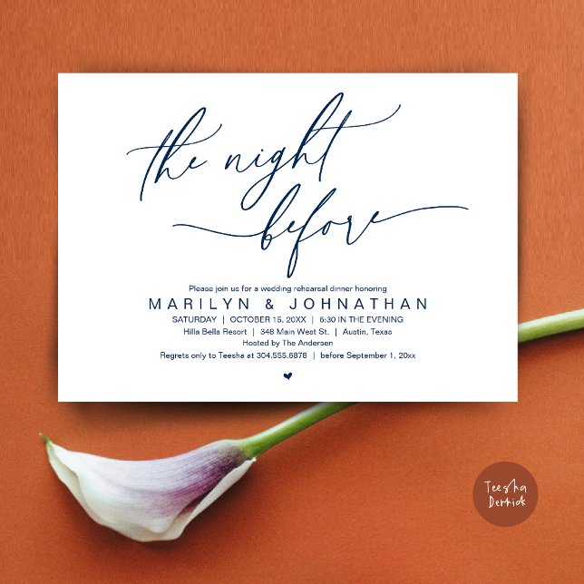 Invitation La veille, Soirée de répétition Mariage (The Night Before, Romantic Modern Wedding Rehearsal Dinner Party Invitation Card PDF Navy Blue)