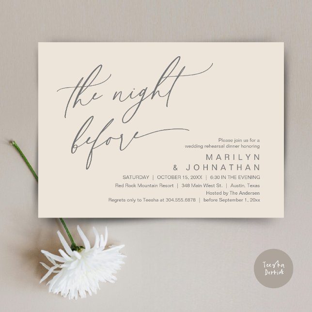 Invitation La veille, Soirée de répétition Mariage (The Night Before, Romantic Modern Wedding Rehearsal Dinner Party Invitation Card PDF Cream Grey)