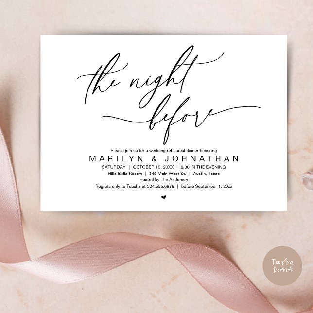 Invitation La veille, Soirée de répétition Mariage (The Night Before, Romantic Modern Wedding Rehearsal Dinner Party Invitation Card PDF Black White)