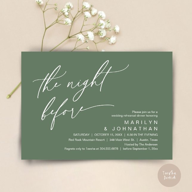 Invitation La veille, Soirée de répétition Mariage (The Night Before, Romantic Modern Wedding Rehearsal Dinner Party Invitation Card PDF Sage Green)