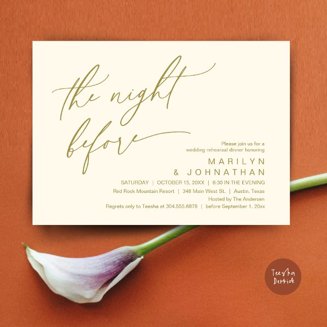 Invitation La veille, Soirée de répétition Mariage (The Night Before, Romantic Modern Wedding Rehearsal Dinner Party Invitation Card PDF Yellow Gold)