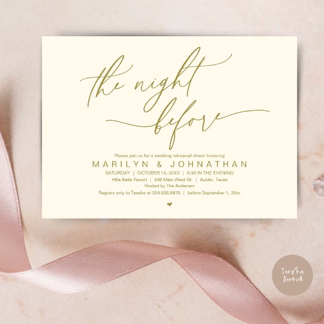 Invitation La veille, Soirée de répétition Mariage (The Night Before, Romantic Modern Wedding Rehearsal Dinner Party Invitation Card PDF Yellow Gold)