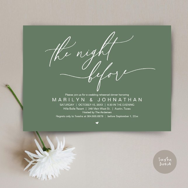 Invitation La veille, Soirée de répétition Mariage (The Night Before, Romantic Modern Wedding Rehearsal Dinner Party Invitation Card PDF Sage Green)