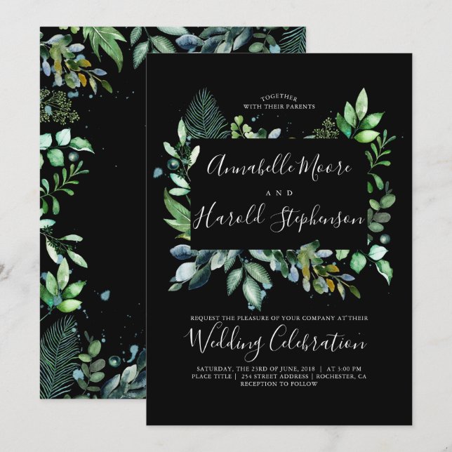 Invitation La verdure | Bois | Mariage d'aquarelle moderne (Devant / Derrière)