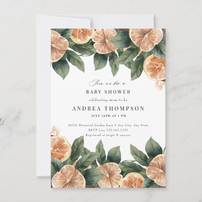 Invitation La verdure des agrumes | Baby shower floral rose (Devant)
