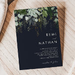 Invitation La verdure et la feuille d'or | Dark Navy Mariage<br><div class="desc">Nous avons conçu cette feuille verte et or | Dark Navy faire-part de mariage pour compléter votre mariage boho simple mais élégant. Il présente des feuilles modernes d'eucalyptus vert et blanc, du feuillage de fougères, une fleur succulente et un minimum de feuilles de feuille d'or. Ces éléments donnent l'impression d'une...</div>