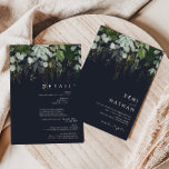Invitation La verdure et la feuille d'or | Dark Navy tout en<br><div class="desc">Nous avons conçu cette verdure et cette feuille d'or | dark navy tout en une invitation à compléter votre mariage boho simple mais élégant. Il présente des feuilles modernes d'eucalyptus vert et blanc, du feuillage de fougères, une fleur succulente et un minimum de feuilles de feuille d'or. Ces éléments donnent...</div>