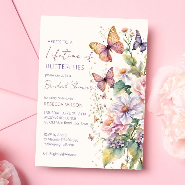 Invitation La vie des papillons sous la douche à nage fleurie (Lifetime of Butterflies floral garden bridal shower Invitation template spring summer wild flowers)