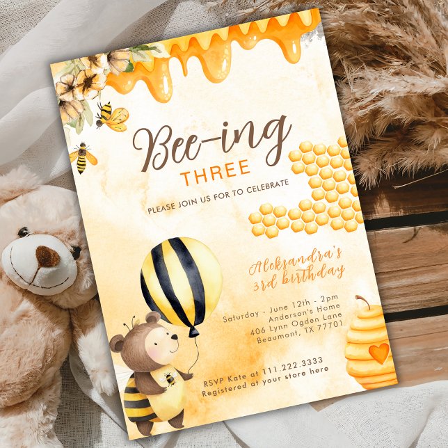 Invitation L'abeille a trois ans Ours en miel 3e anniversaire (Créateur téléchargé)