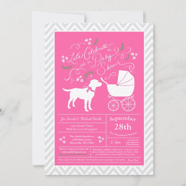 Invitation Labrador Baby shower chien Lab Fille rose (Devant)