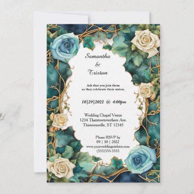 Invitation Lac Blue Aquarelle Floral Rose Élégant Mariage (Devant)