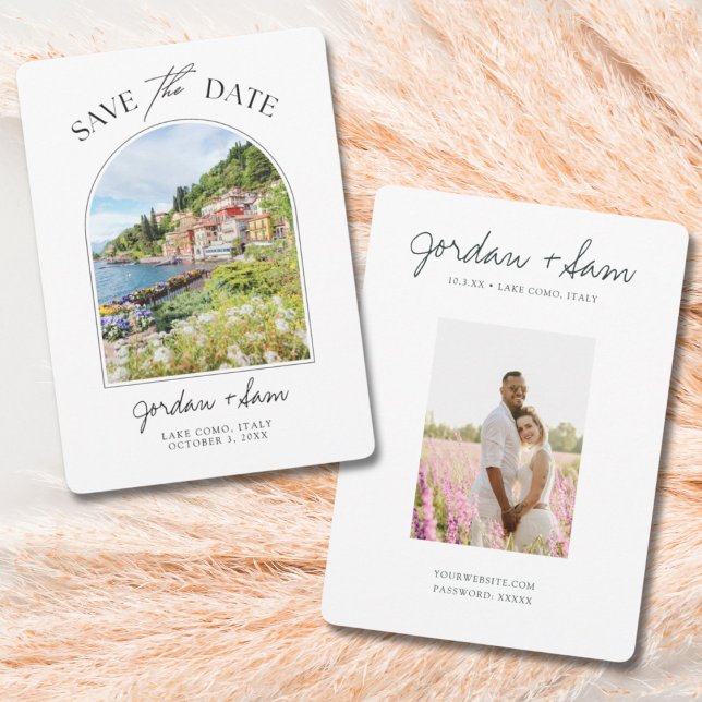 Invitation Lac de Côme Italie Mariage Enregistrer la date (Lake Como Wedding Save the Date with Photos of Lake Como and your engagement. Custom save the date)