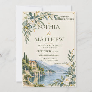 Invitation Lac de Côme Mariage Élégant Bleu et Or Antique