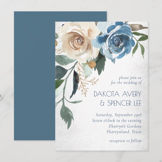 Invitation Lac Floral | Dusty Blue Denim Cream Mariage (Devant / Derrière)