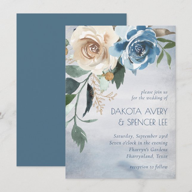Invitation Lac Floral | Dusty Blue et Off White Mariage (Devant / Derrière)