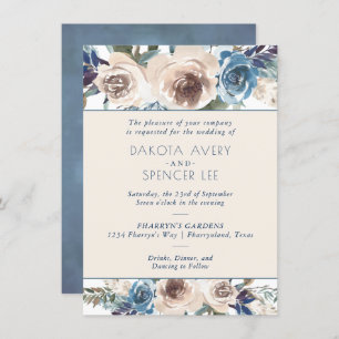Invitation Lac Floral Muet bleu et crème Mariage de la terr