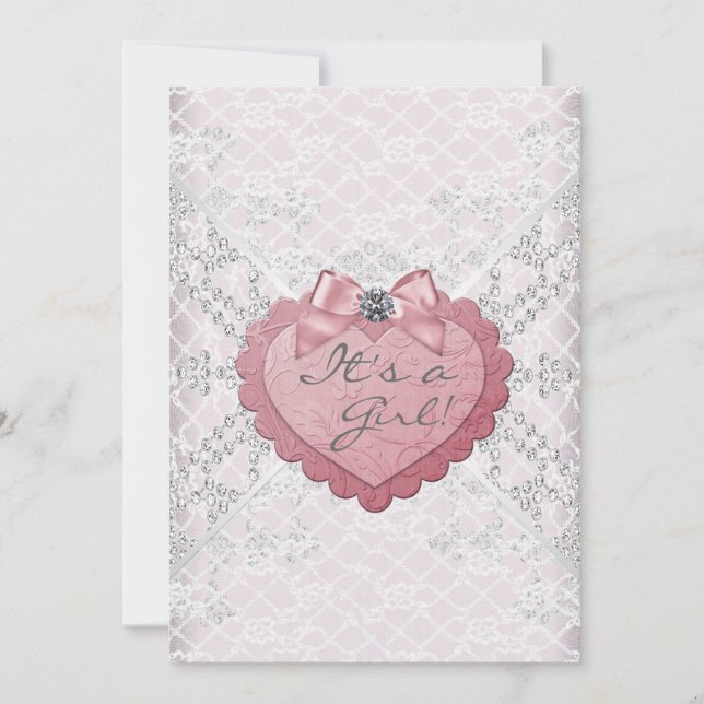 Invitation Lace blanche cœur rose bébé fille rose blanche Bab (Devant)