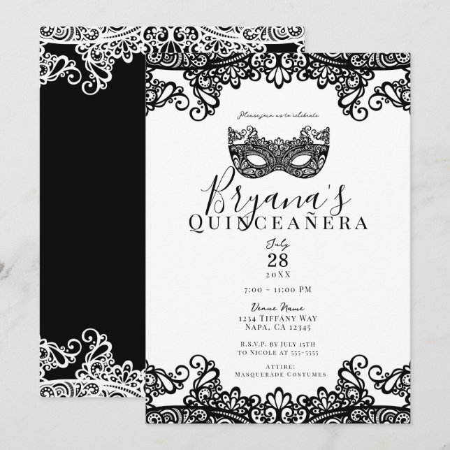 Invitation Lace Blanche et Noire Bal Masqué 15e Quinceañera (Devant / Derrière)