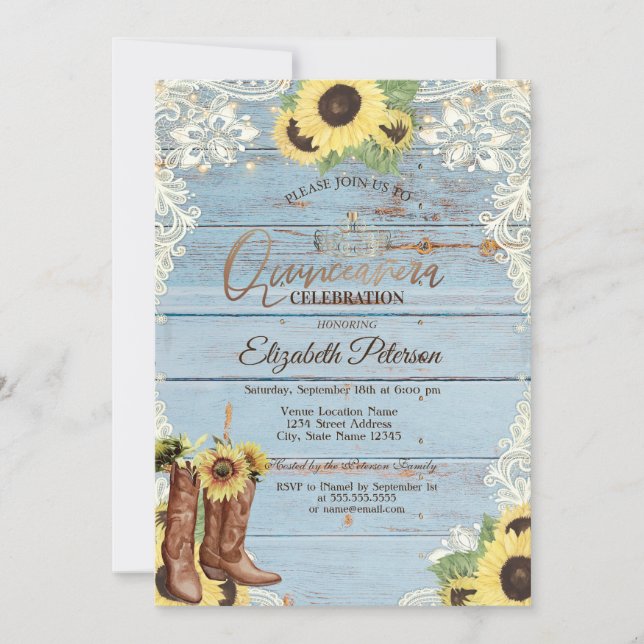 Invitation Lace,Boots Sunflowers Blue Wood Quinceañera  (Devant)
