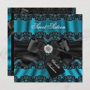 Invitation Lace & Bow Turquoise Black Sweet sixteen Invitatio