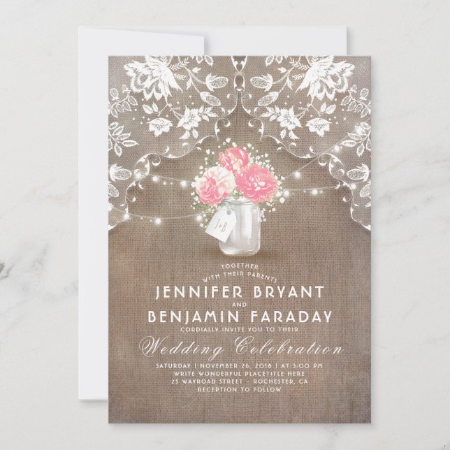 Invitation Lace Burlap Pink Peonies Mason Jar Mariage rustiqu (Devant)