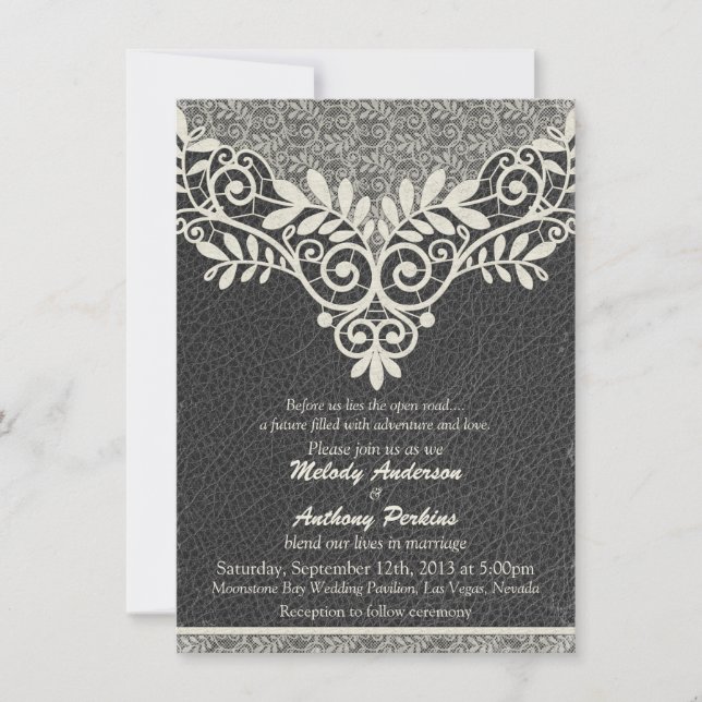 Invitation Lace cuir Rustique Black Ivory Biker Mariage (Devant)