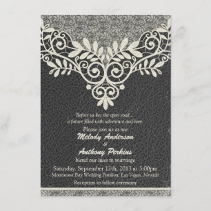 Invitation Lace cuir Rustique Black Ivory Biker Mariage