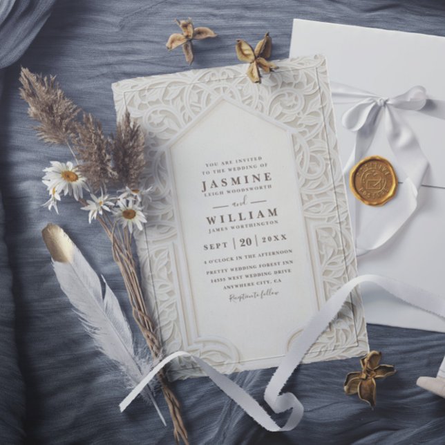 Invitation Lace Embossed Vintage Elegant QR Code Wedding (Créateur téléchargé)