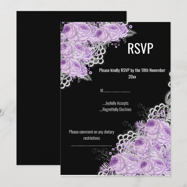 INVITATION LACE FLEURIE VIOLETTE ÉLÉGANCE MODERNE RSVP (Devant / Derrière)