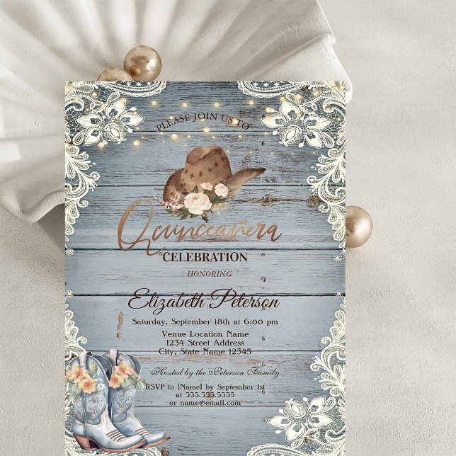 Invitation Lace Floral Boots Blue Wood Quinceañera   (Créateur téléchargé)