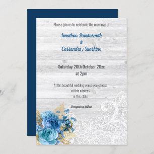 INVITATION LACE FLORAL NAVY BLUE RUSTIC MARIAGE NAVY