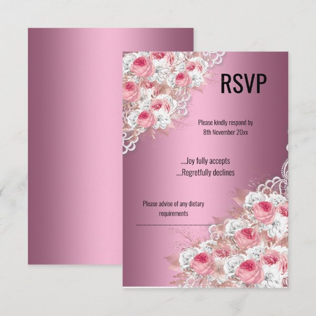 Invitation LACE Florale rose ÉLÉGANT MODERNE RSVP (Devant / Derrière)