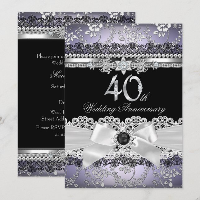 Invitation Lace Pearl Bow argent pourpre 40e anniversaire (Devant / Derrière)