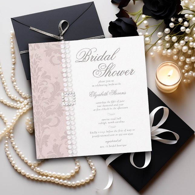 Invitation Lace Pearls Damask Pink Chic Elégante Fête des mar (lace and pearls bridal shower invitation pink blush white black elegant formal modern classic)