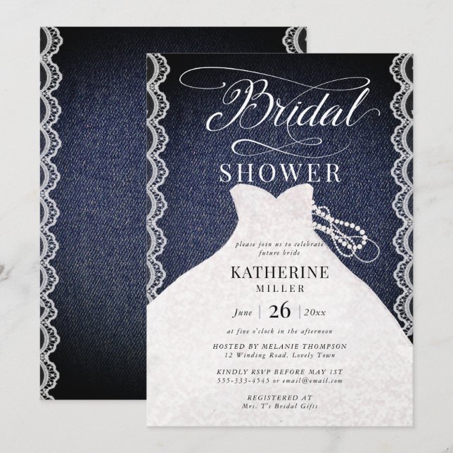 Invitation Lace Pearls Denim Robe de mariée Chic Fête des mar (Devant / Derrière)
