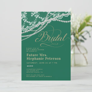 Invitation Lace Pearls Diamonds Emerald Fête des mariées or