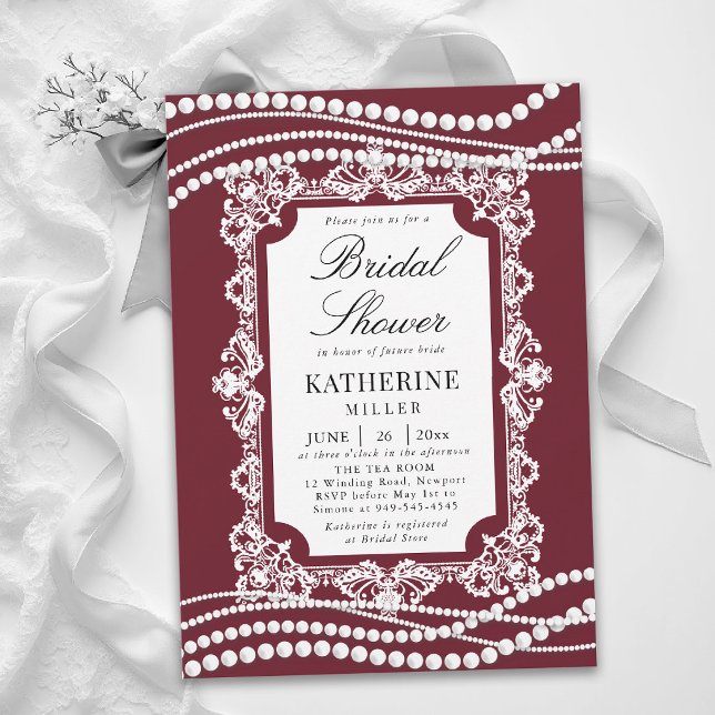 Invitation Lace Perles Classique Burgundy Blanc Lavage de Mar (lace bridal shower ideas white pearls burgundy modern classic traditional elegant invitation card)