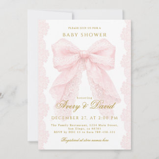 Invitation Lace Pink Bow Girl Baby Shower 