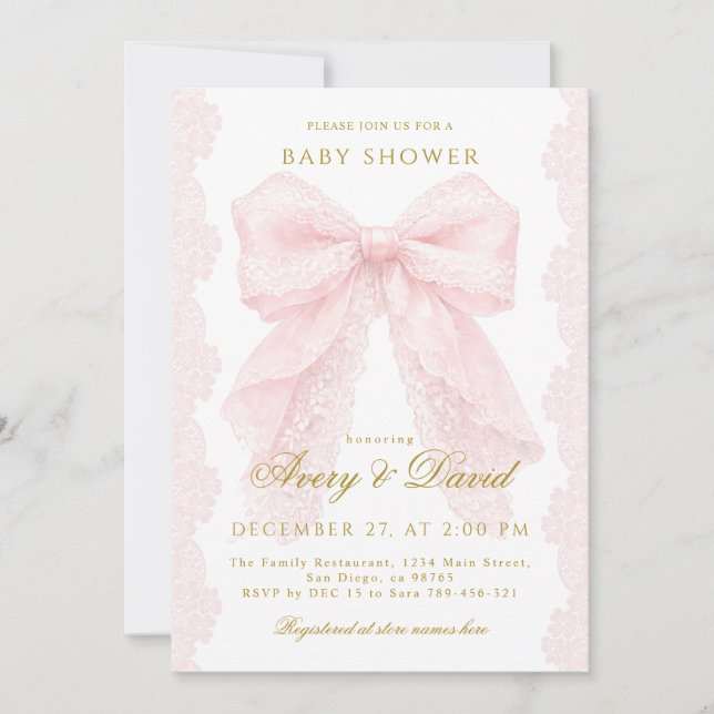 Invitation Lace Pink Bow Girl Baby Shower  (Devant)